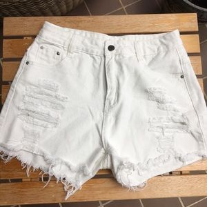 White Distressed Denim Shorts High Waisted